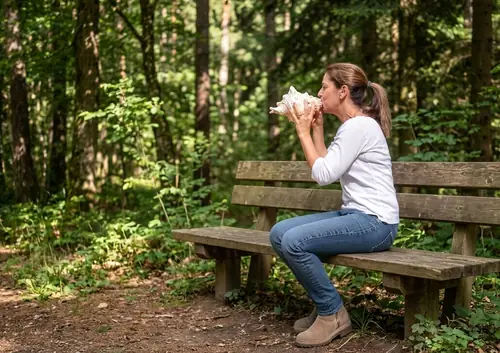 Montse tocando una caracola en el bosque