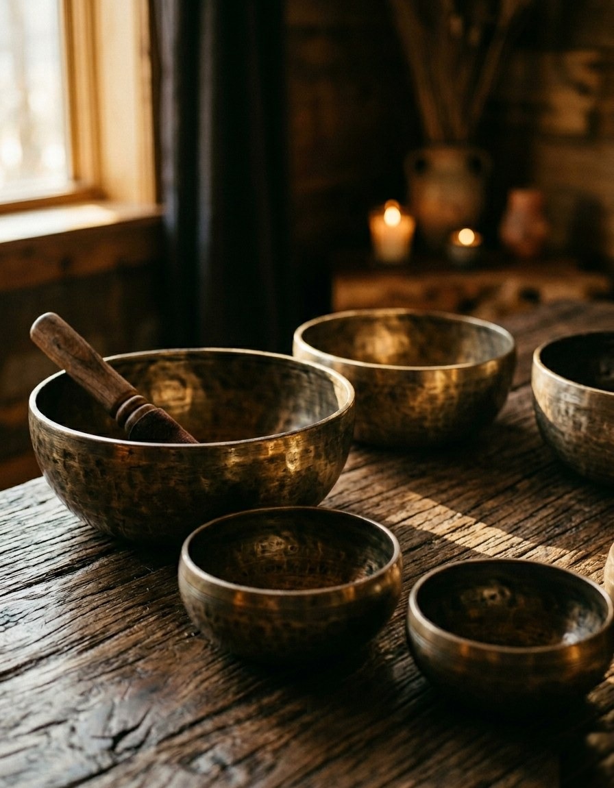 Montse con cuencos tibetanos y de cuarzo