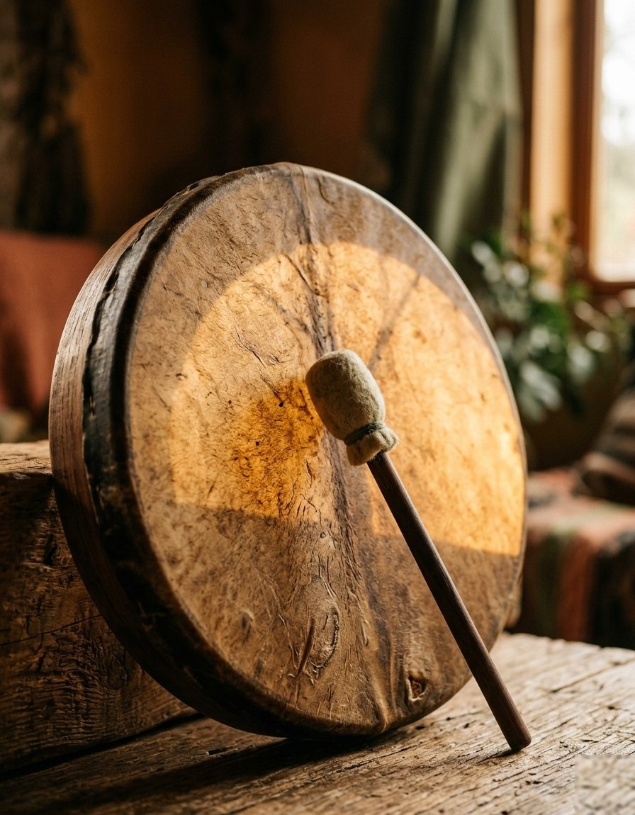 Montse con tambor en la naturaleza