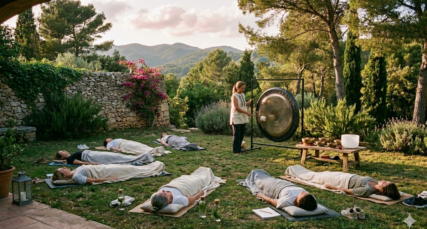 Retiro de sonido al aire libre en masía catalana con gong y participantes